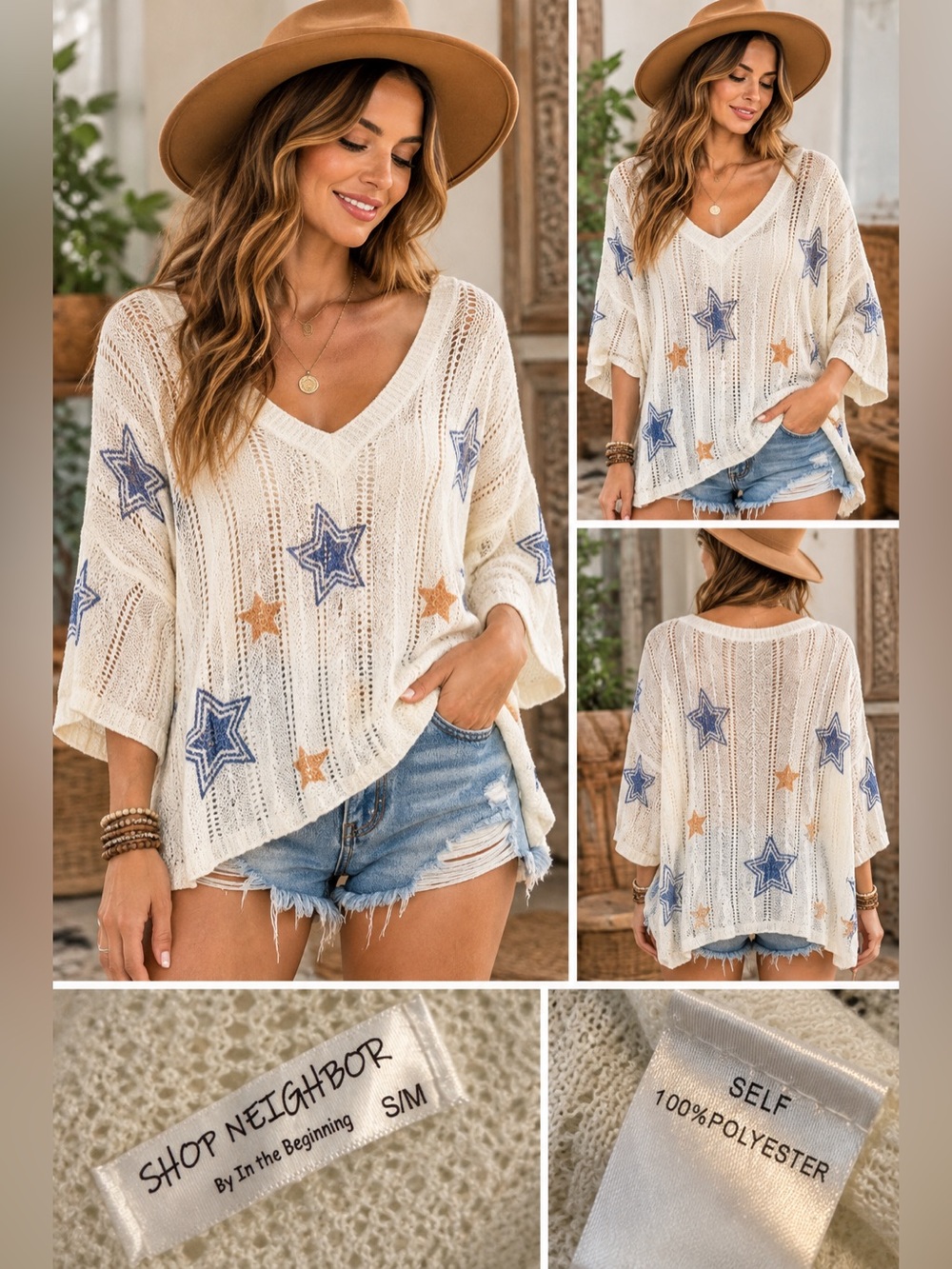 Shop Neighbor Star Print V-Neck Sweater White Blue Size S/M